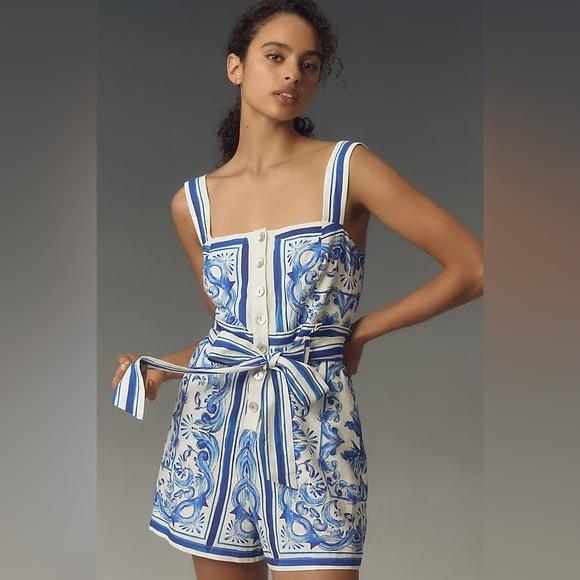 FARM Rio Blue and White Floral Jumpsuit with Tie-Waist - Picture 1 of 8